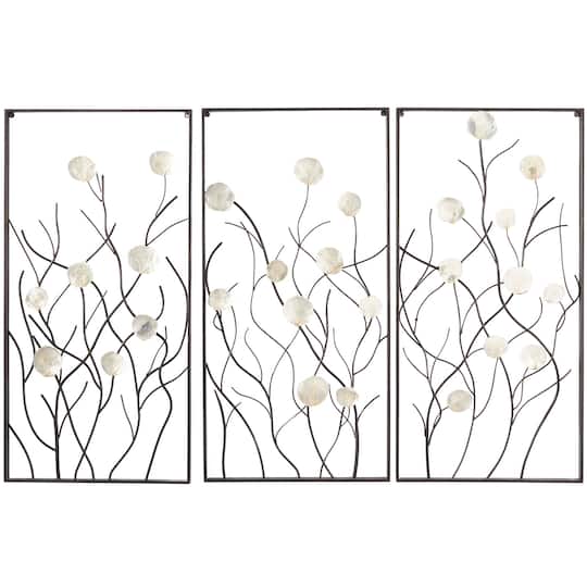 Black Metal Floral Wall Decor with Capiz Accents Set of 3 20", 40"